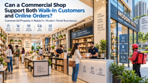 Modern commercial retail shop in Noida with walk-in customers, online order packing and click-and-collect services