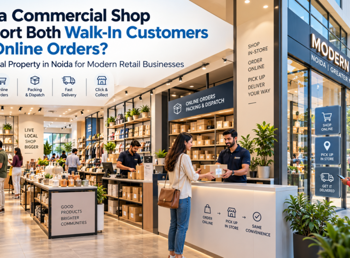 Modern commercial retail shop in Noida with walk-in customers, online order packing and click-and-collect services